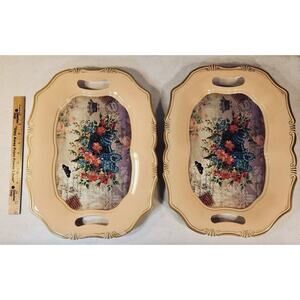 Pink‎ Decorative Serving Tray W/ Handles Floral Flowers Butterflies Vintage Look